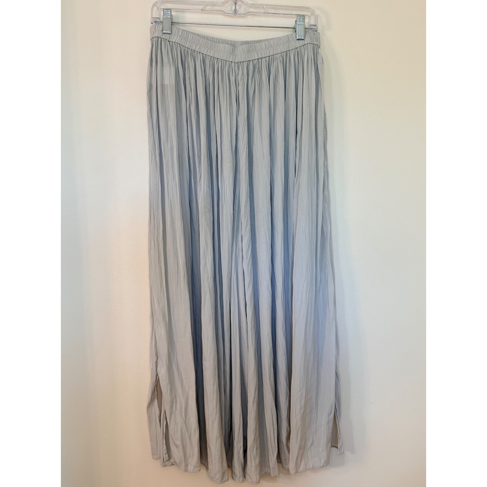 Uniqlo Women Light Blue Pleated Wide Leg Pants Size L Elastic Waist Slit Hem